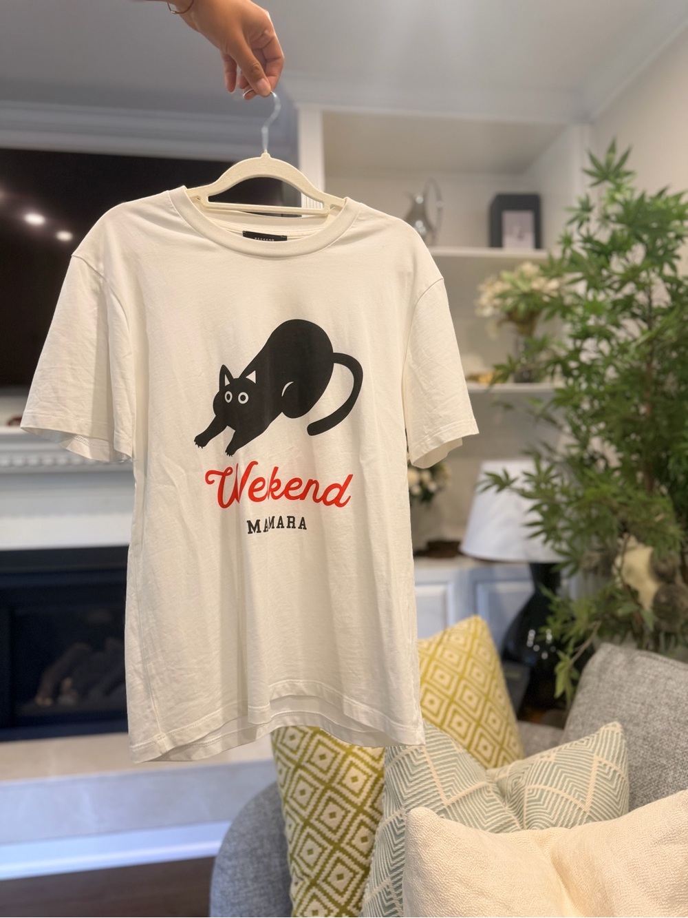 MaxMara White Tee with Black Cat and Red 'Weekend' Script